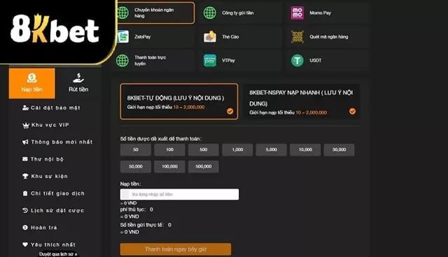 Giới thiệu những phương thức nạp tiền tại 8Kbet